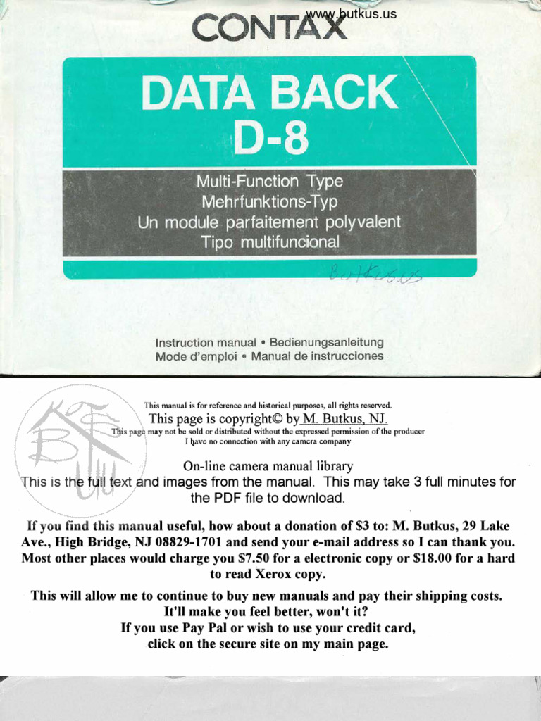 Contax Data Back D-8 User Manual | PDF | Exposure (Photography) | Light