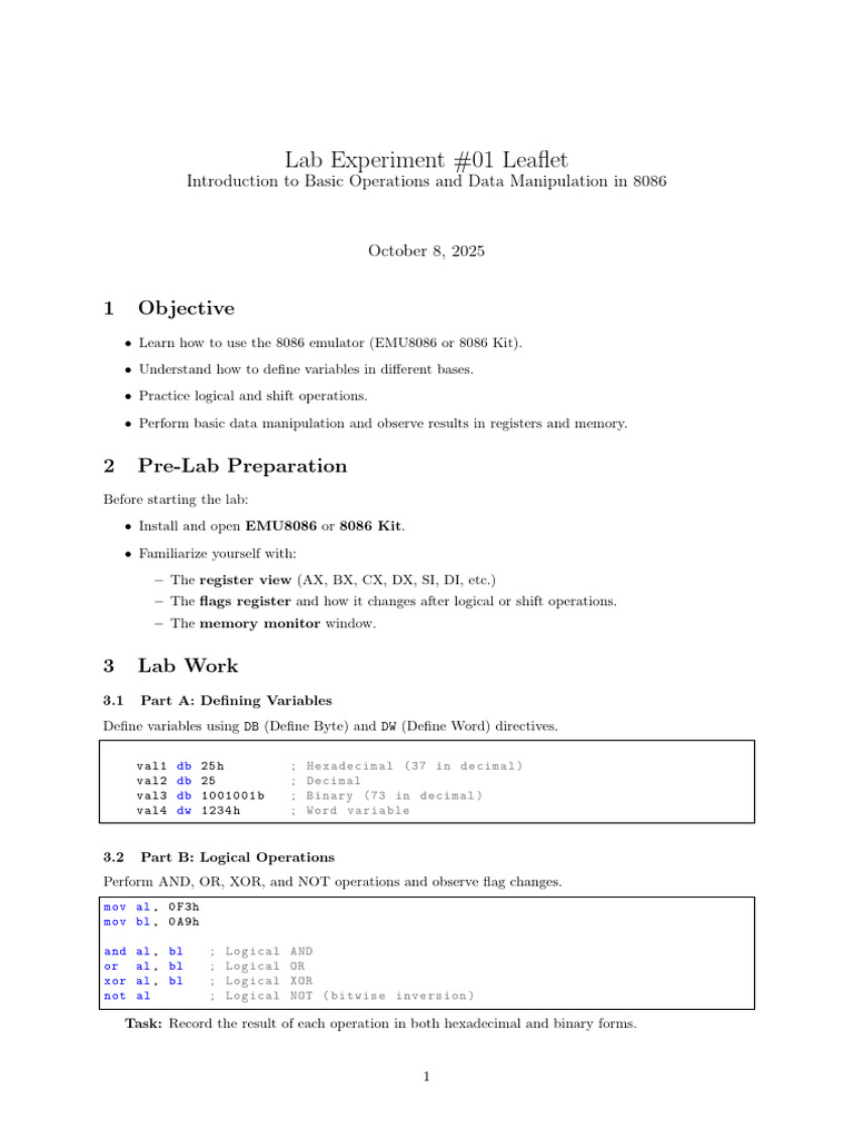 8086 Emulator Lab: Data Manipulation Basics | PDF | Bit | Computer ...