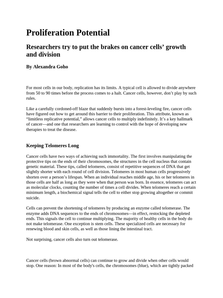 Controlling Cancer Cell Proliferation | PDF | Telomere | Biological ...