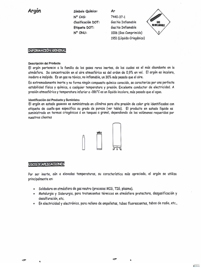 Ficha Técnica de Argón | PDF