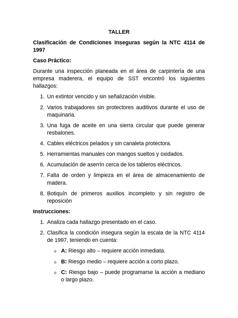 Clasificación de Riesgos NTC 4114 en Taller | PDF