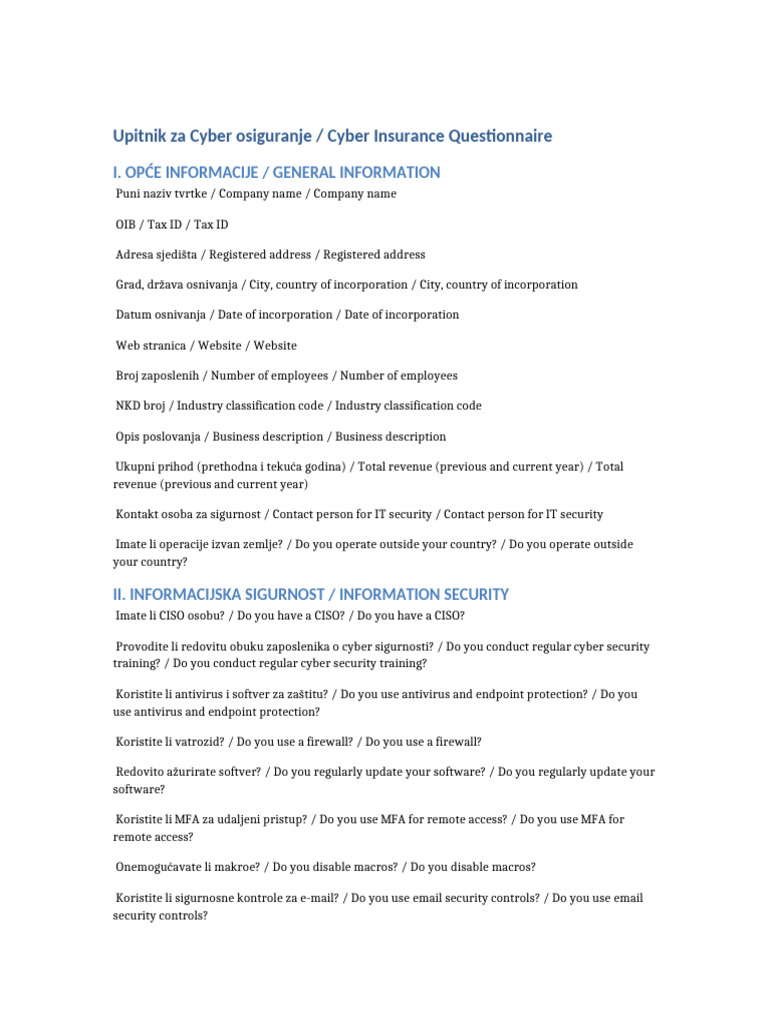 Cyber Insurance Questionnaire Template | PDF | Security Technology ...