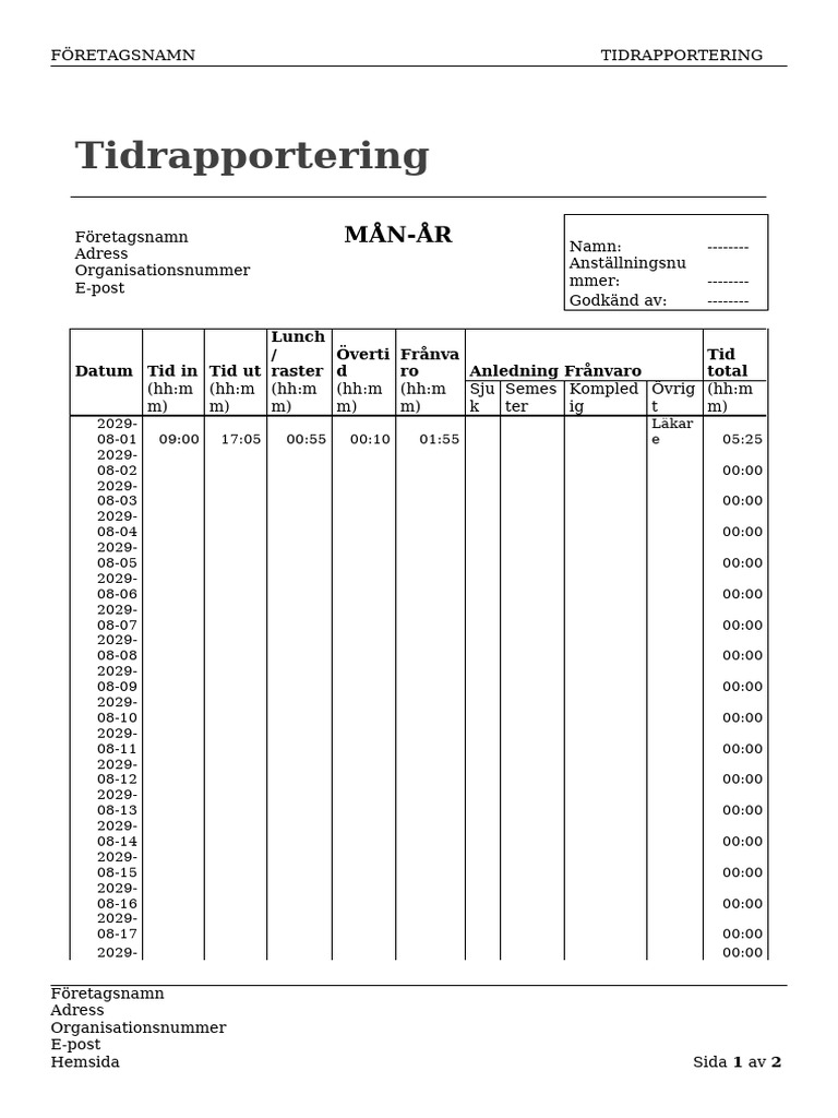Tidrapportering Mall (1) | PDF