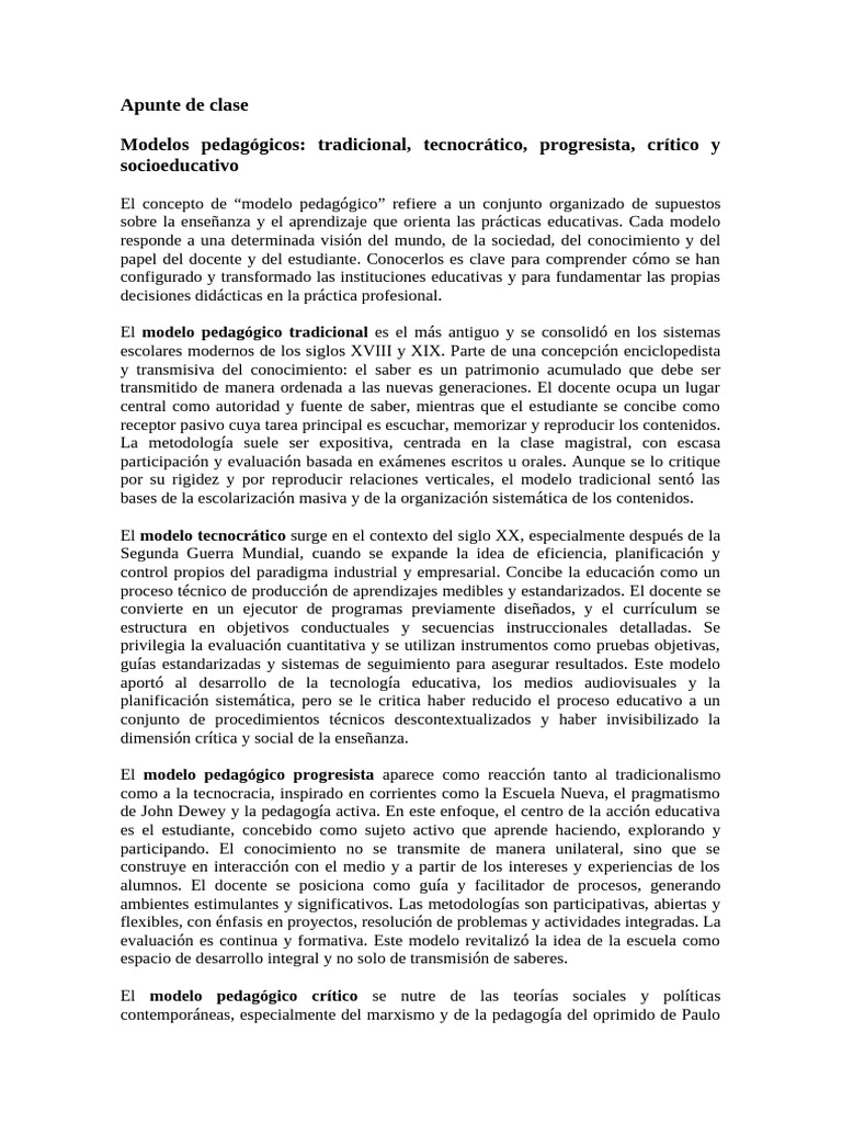 Apunte de Clase Modelos Pedagogicos. | PDF | Enseñando | Pedagogía