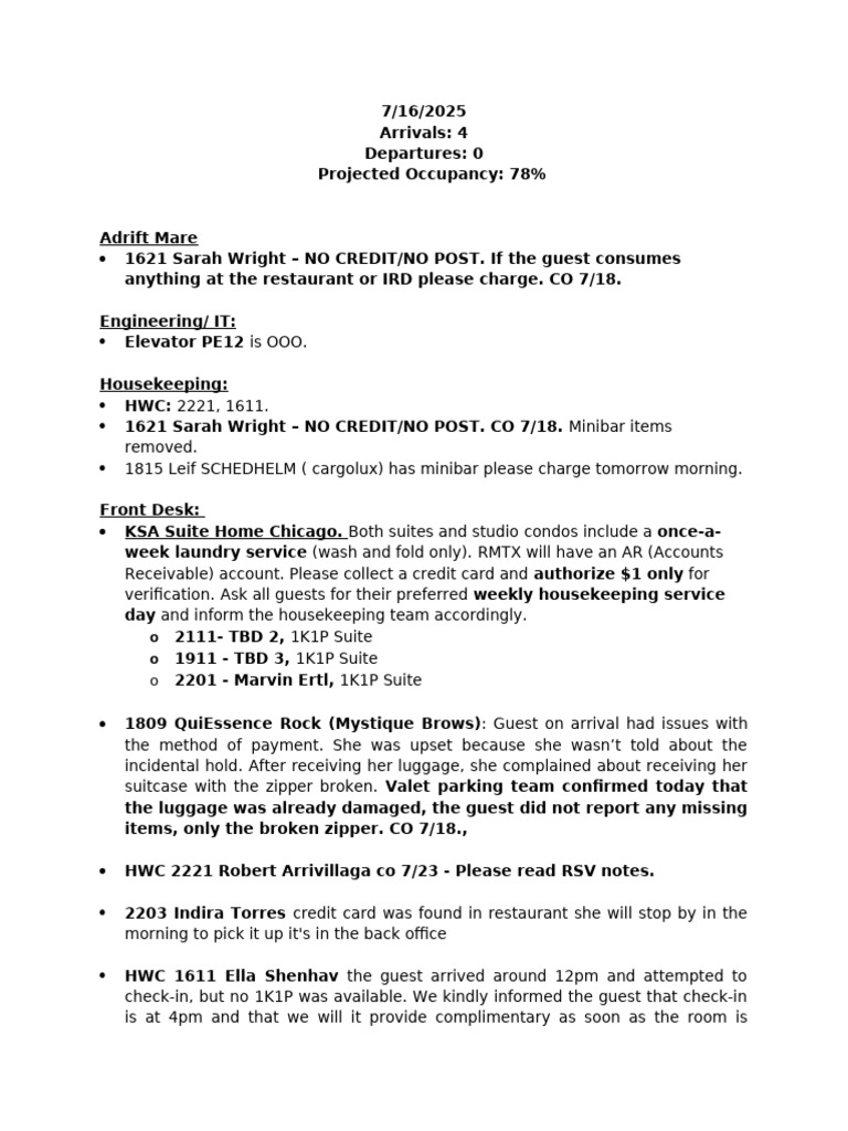 Daily Hotel Operations Report - 7/16/2025 | PDF | Hotel | Hospitality ...
