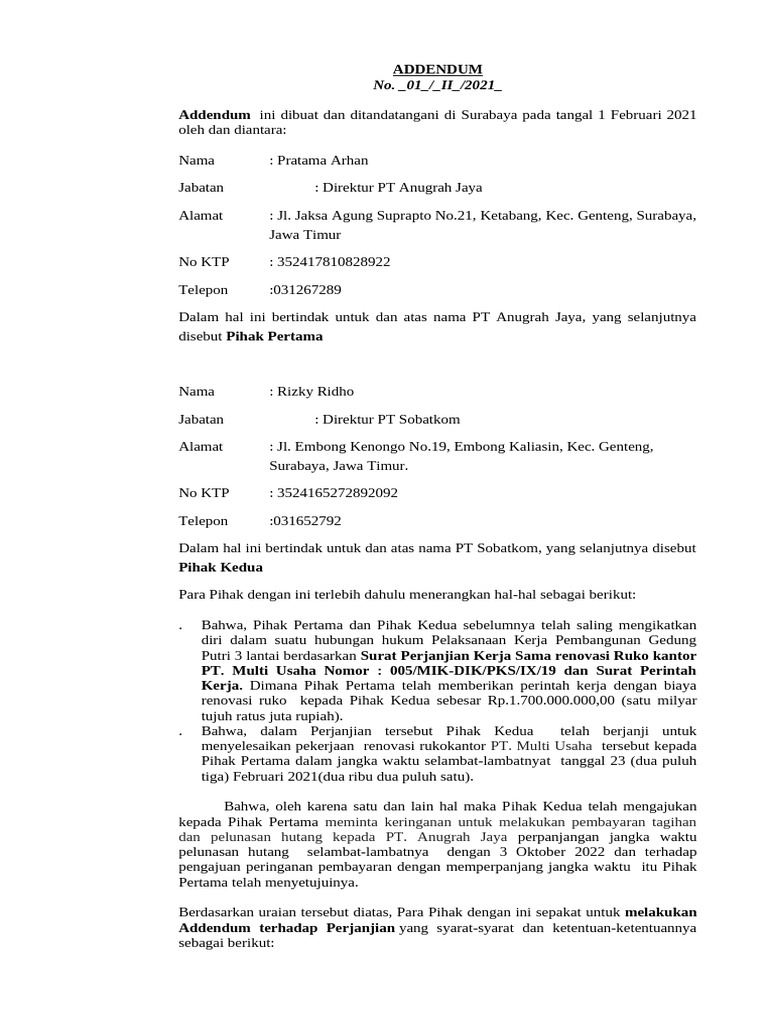 Addendum Perjanjian Kerjasama 2021 | PDF