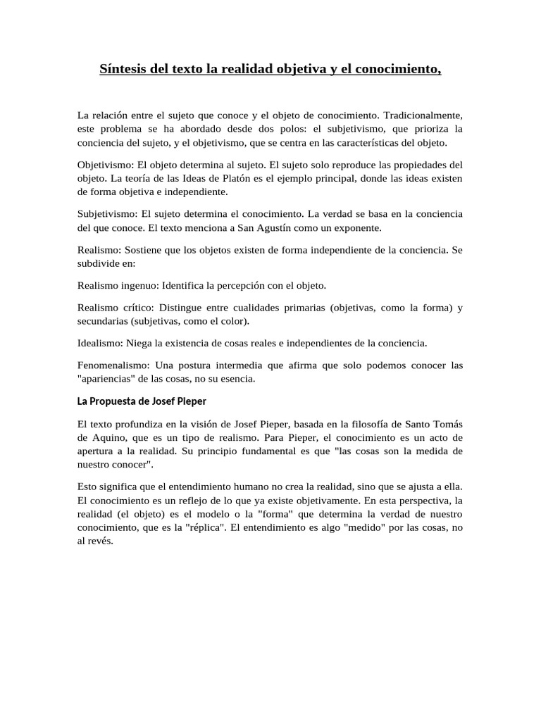 Síntesis Del Texto La Realidad Objetiva y El Conocimiento | PDF ...