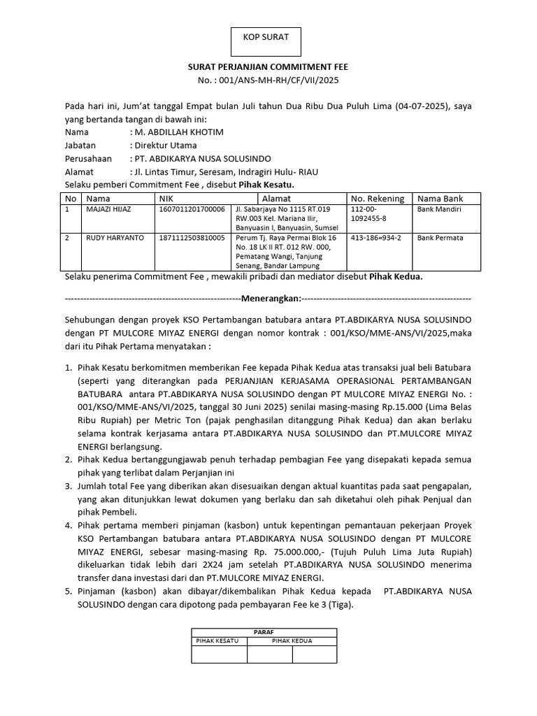 Surat Perjanjian Commitment Fee 2025 | PDF