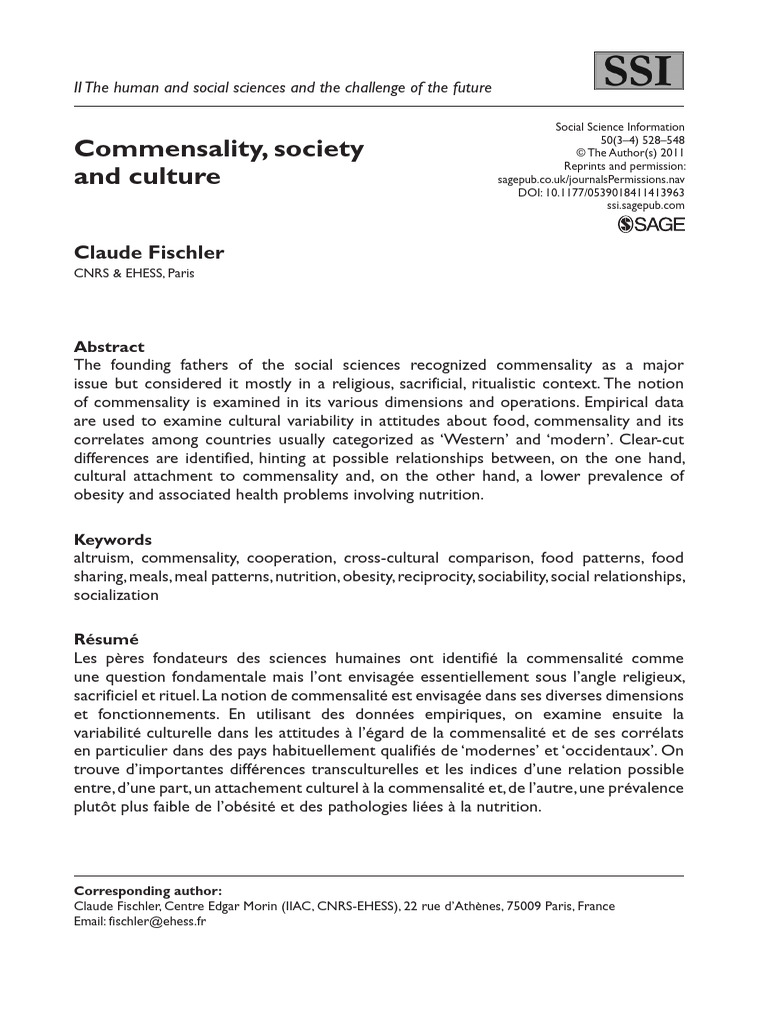 Commensality, Society and Culture Claude Fischler | PDF | Sacrifice ...