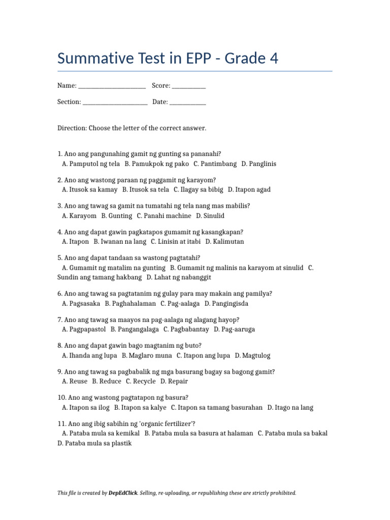 Summative Test EPP 4 | PDF