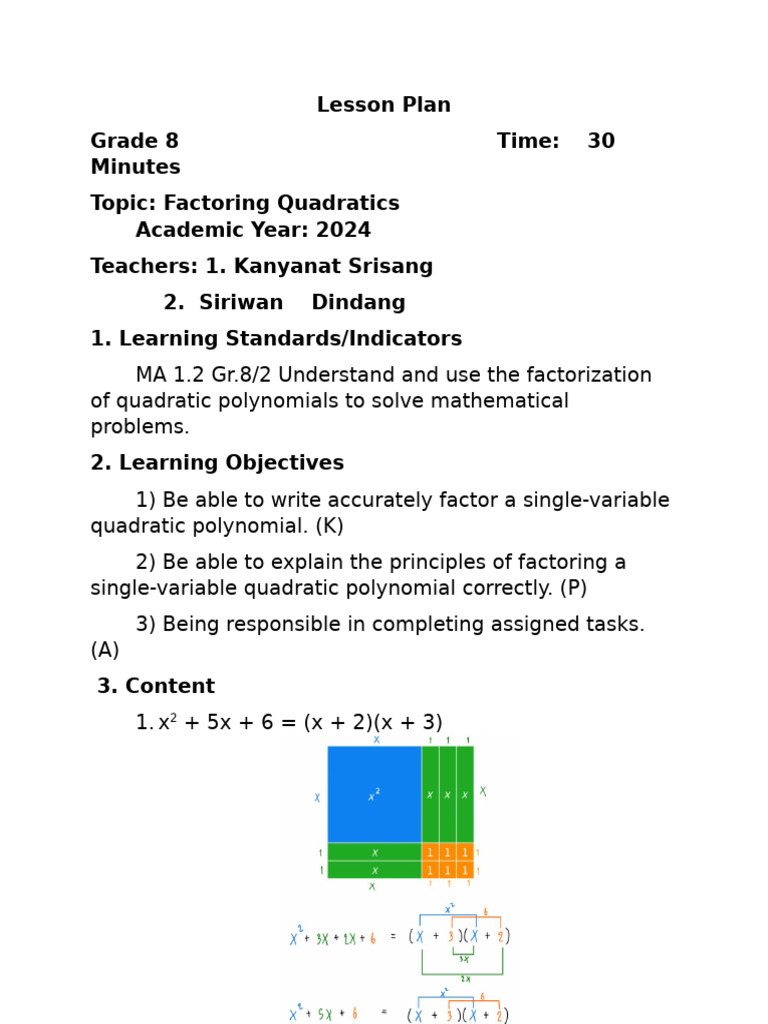 สำเนา แผนสอบสอนEng | PDF | Factorization | Area