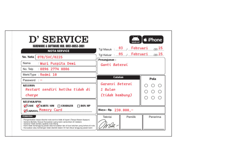 Contoh Nota Service HP 2024 | PDF