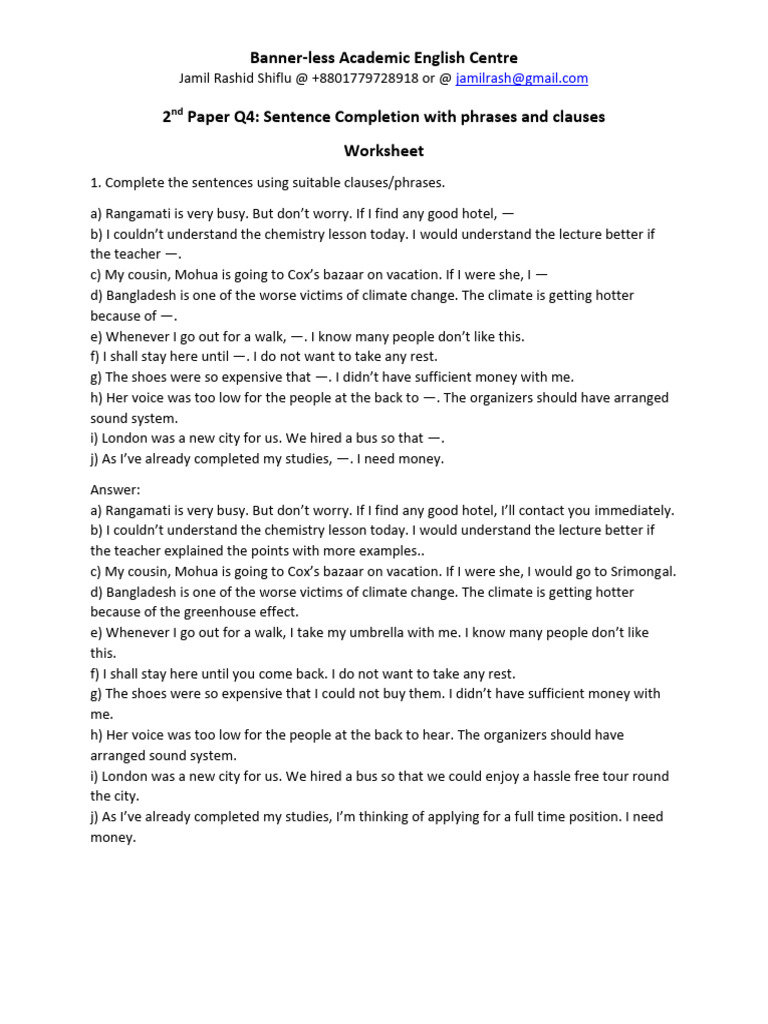 Q 4 Sentence Completion With Phrasesandclauses | PDF | Sentence ...