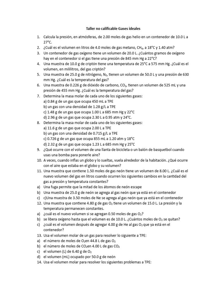 Ejercicios de Gases Ideales y Cálculos | PDF | Gases | Mole (Unidad)