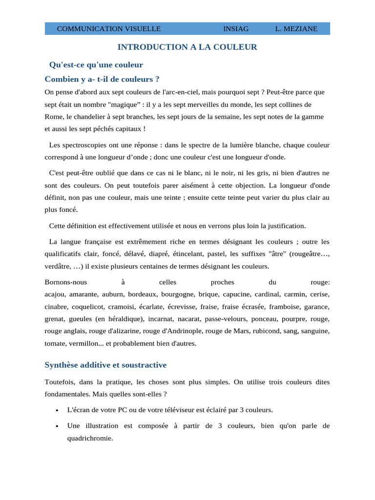 Introduction à la couleur et synthèse des teintes | PDF | Couleur | Rouge
