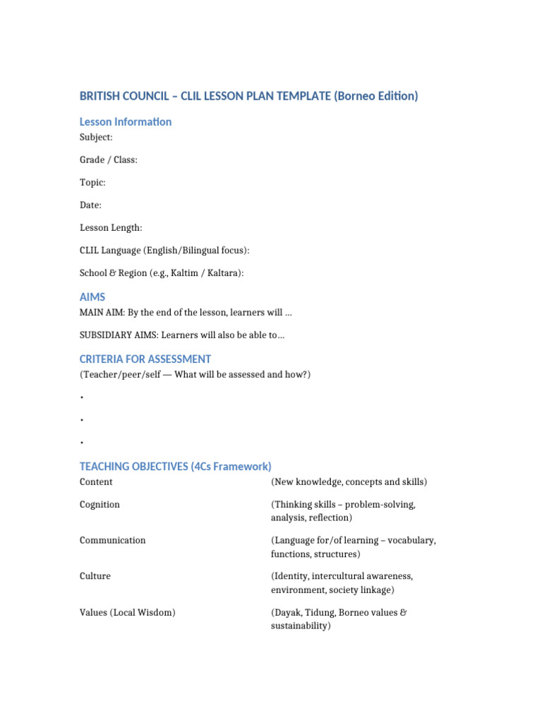 CLIL Lesson Plan Template BritishCouncil Borneo | PDF