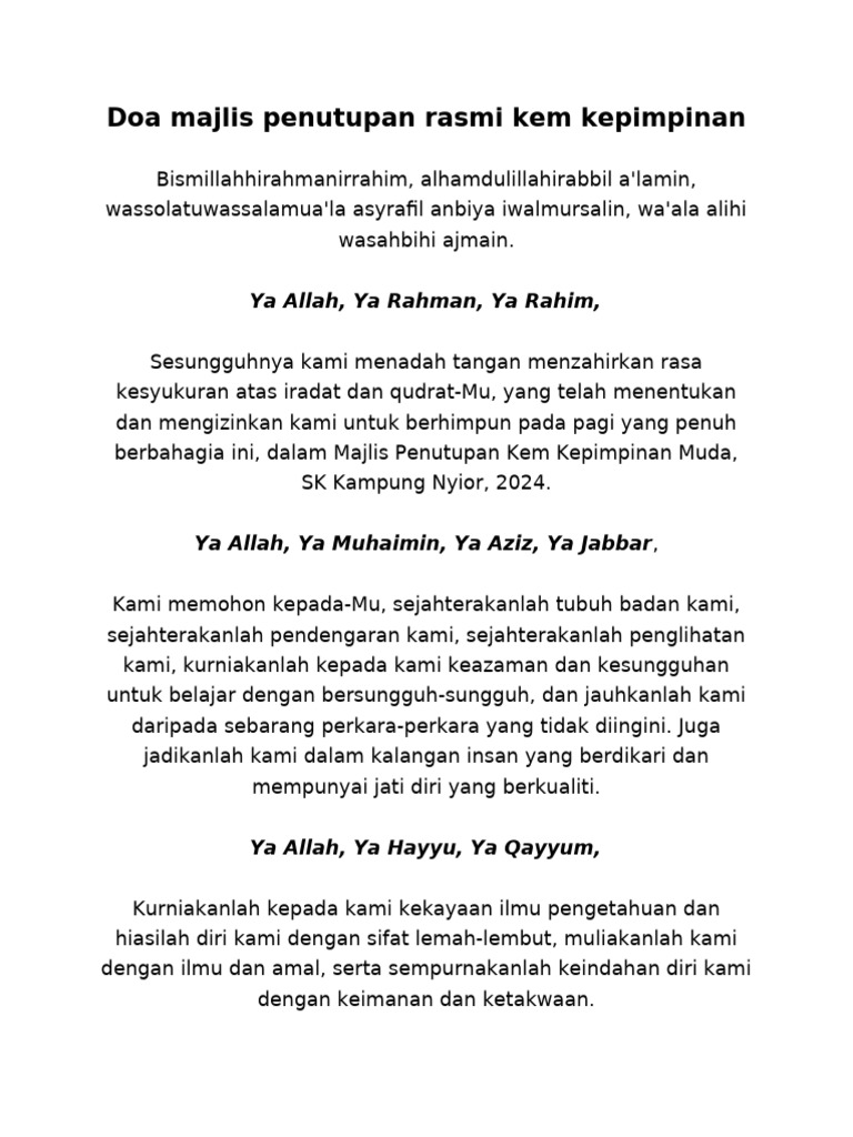 Doa Majlis Penutupan Rasmi Kem Kepimpinan | PDF