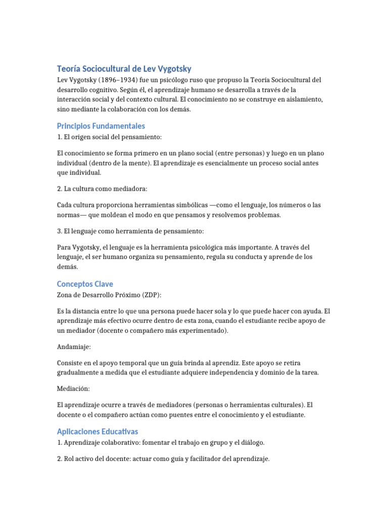 Teoria Sociocultural Vygotsky | PDF