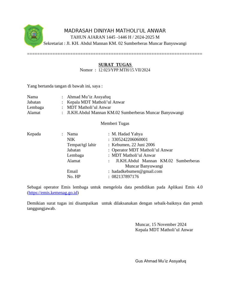Surat Tugas Operator EMIS 2024 | PDF