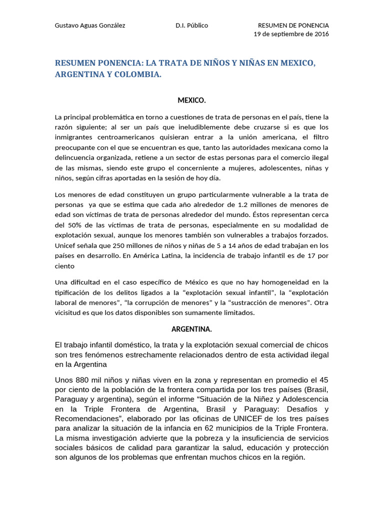 RESUMEN PONENCIA Dip | PDF | Trata de personas | Trabajo infantil
