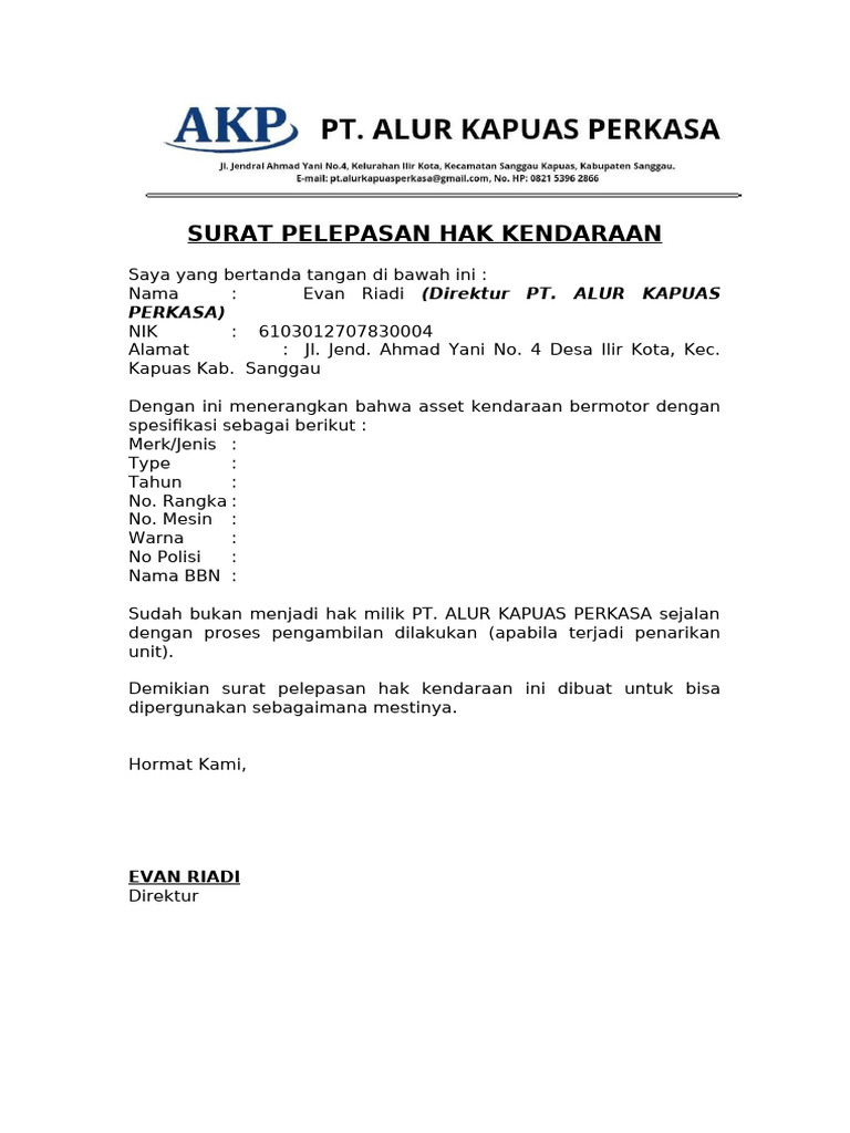 Surat Pelepasan Hak Kendaraan Bermotor | PDF