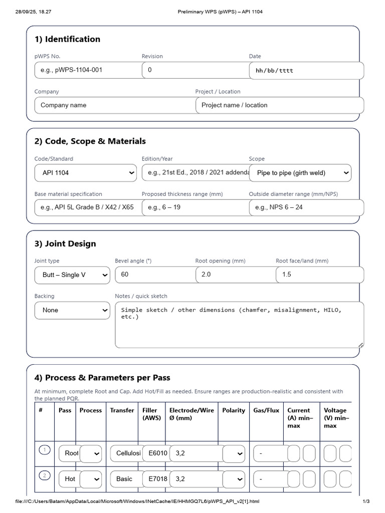 Preliminary WPS (PWPS) - API 1104 | PDF | Applied And Interdisciplinary ...