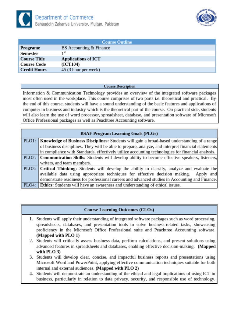 ICT Applications in Business Course | PDF | Spreadsheet | Microsoft Word