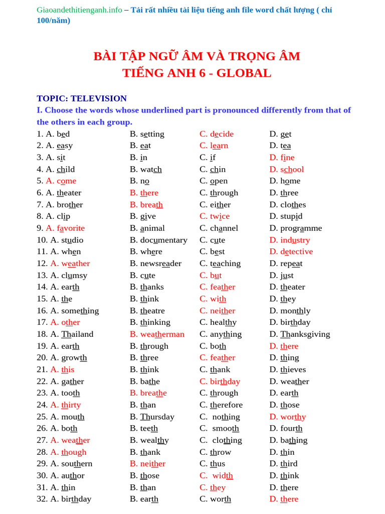 Pronunciation+ Stress (Key) GS 6 (Unit 7-12) | PDF