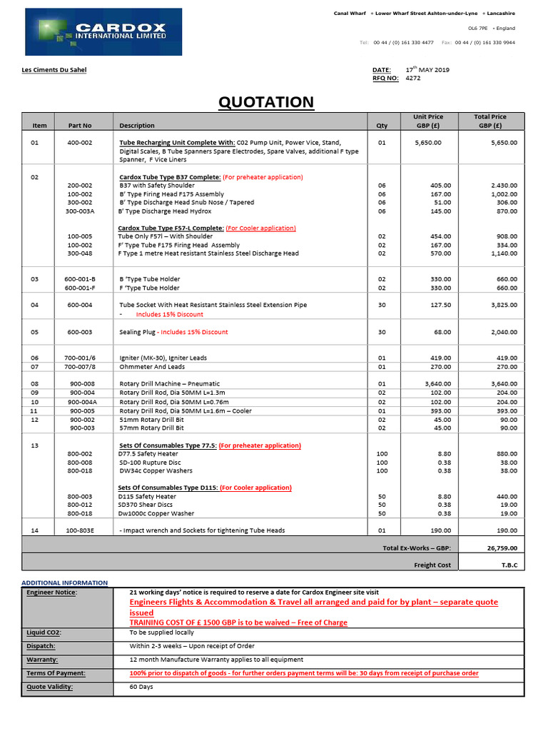 Cardox Equipment Quotation RFQ 4272 | PDF | Mechanical Engineering | Tools