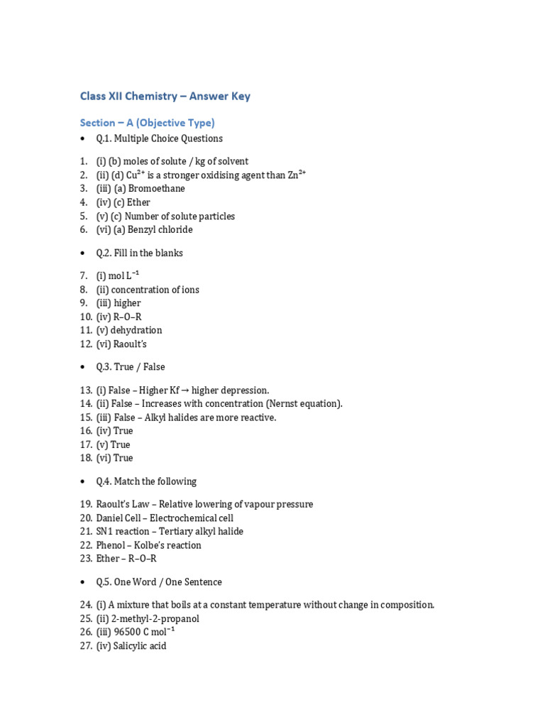 Class XII Chemistry Answer Key Guide | PDF