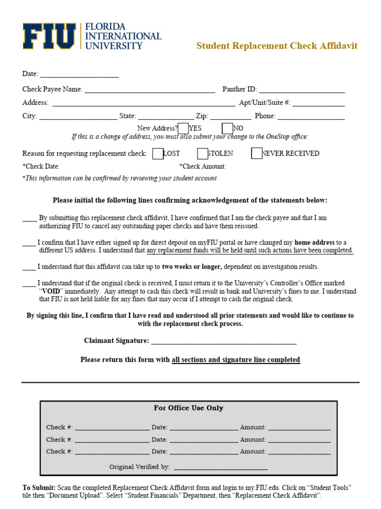 Student Replacement Check Affidavit Form | PDF | Affidavit