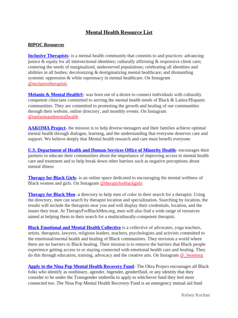 Inclusive Mental Health Resources Directory | PDF | Mental Health ...