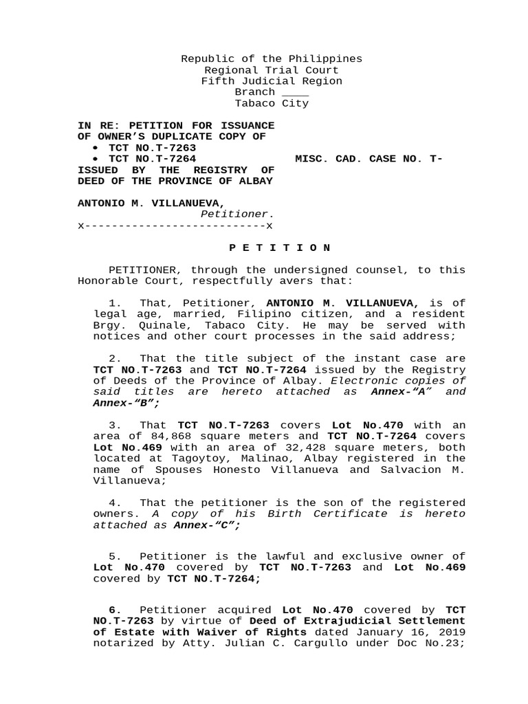 Petition for Duplicate TCT Copies | PDF | Deed | Justice
