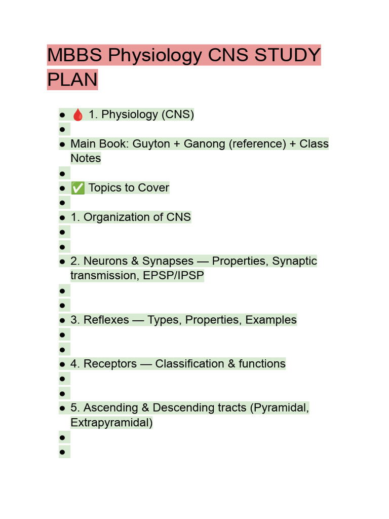 MBBS CNS Physiology Study Plan | PDF