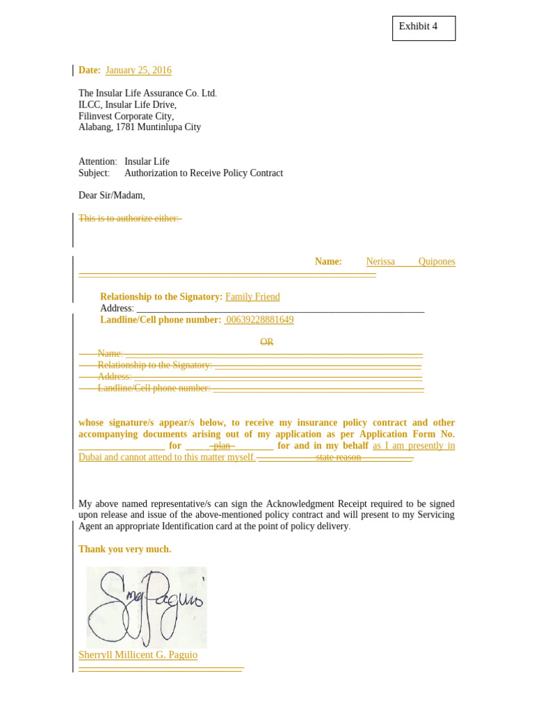 Authorization for Insurance Policy Receipt | PDF
