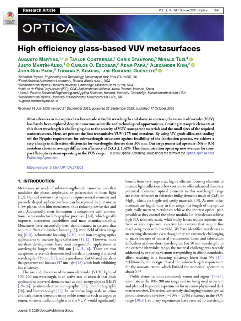 High-Efficiency VUV Metalenses Development | PDF | Optics | Ultraviolet