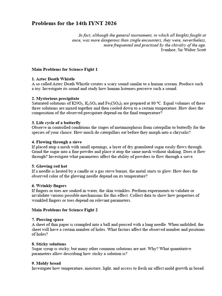 IYNT 2026 Official Problem Set | PDF