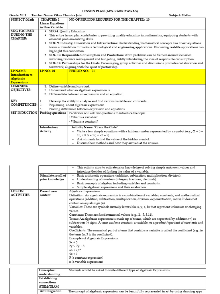 Class 8 Linear Equations Lesson Plan | PDF | Equations | Algebra