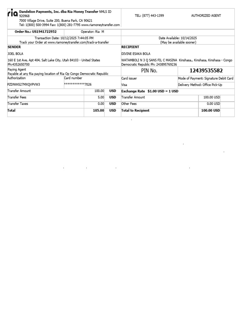 Ria Money Transfer Transaction Receipt | PDF | Receipt | Payments