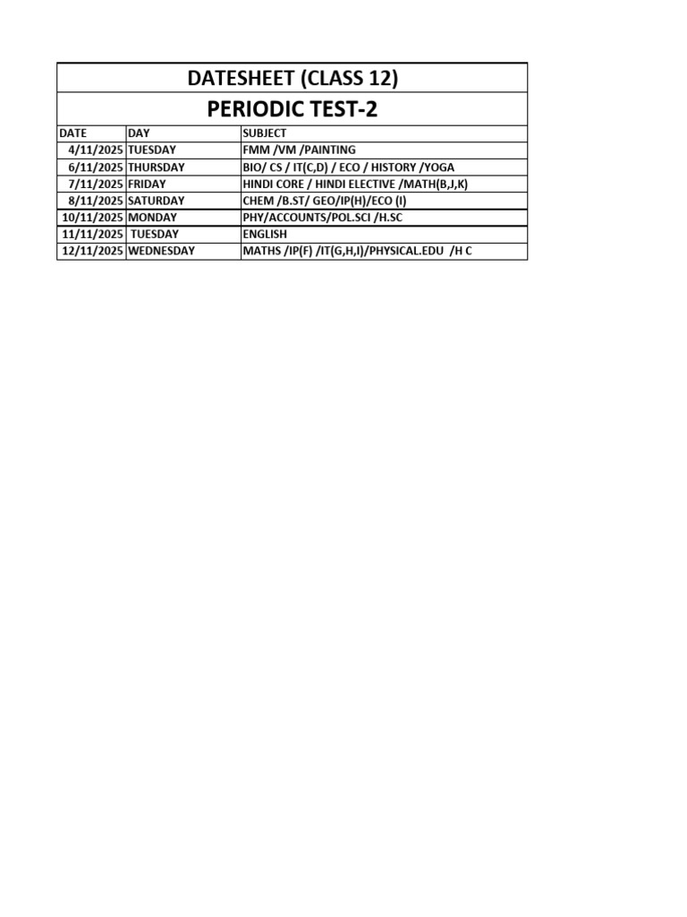 PT2 Date Sheet Class 12 | PDF