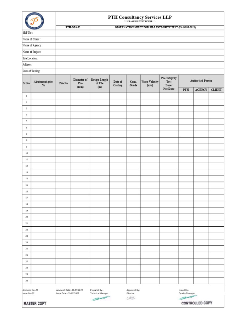 Pile Integrity Test Observation Sheet | PDF