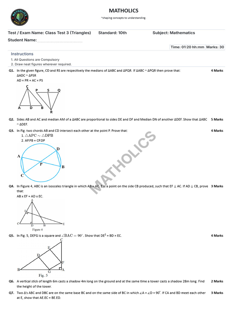 Class Test 3 (Ch-6 Triangles) | PDF | Geometric Shapes | Elementary ...