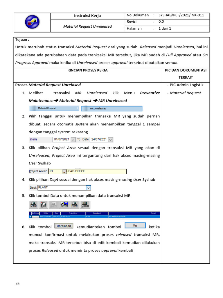 Proses Unrelease Material Request Syshab | PDF
