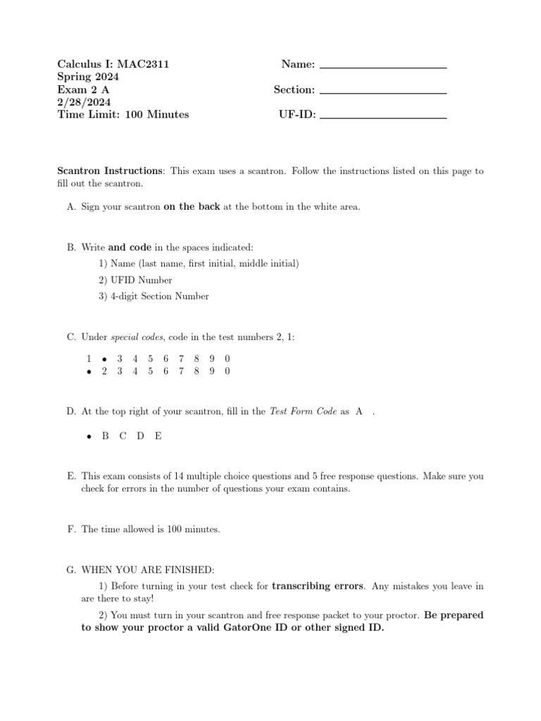 Calculus I Exam 2 Instructions and Questions | PDF | Derivative | Calculus