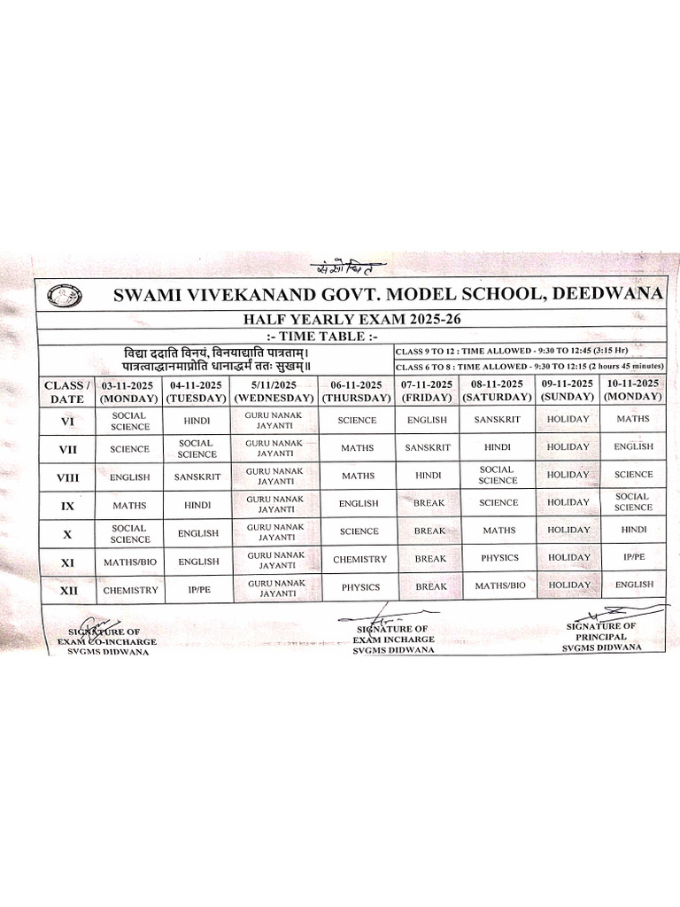 Half Yearly Exam Time Table 2025 | PDF