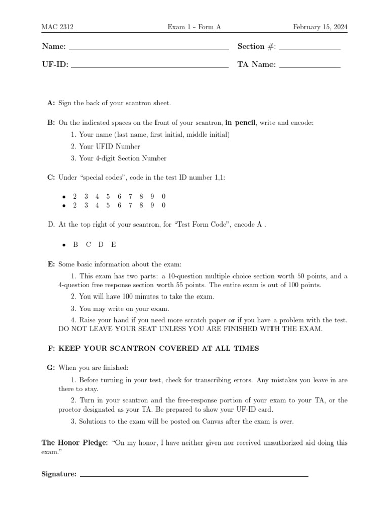 MAC 2312 Exam 1A Instructions and Questions | PDF