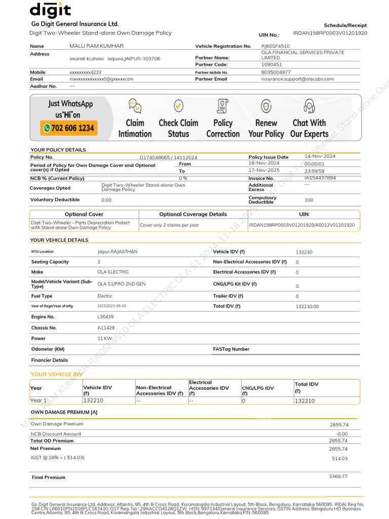 D174048665 Own Damage Policy | PDF | Insurance | Liability Insurance