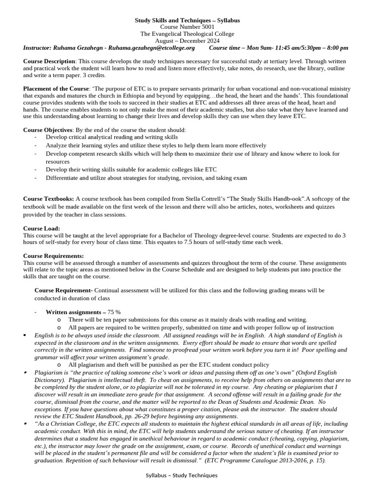 Study Skills Course Syllabus 5001 | PDF | Plagiarism | Study Skills