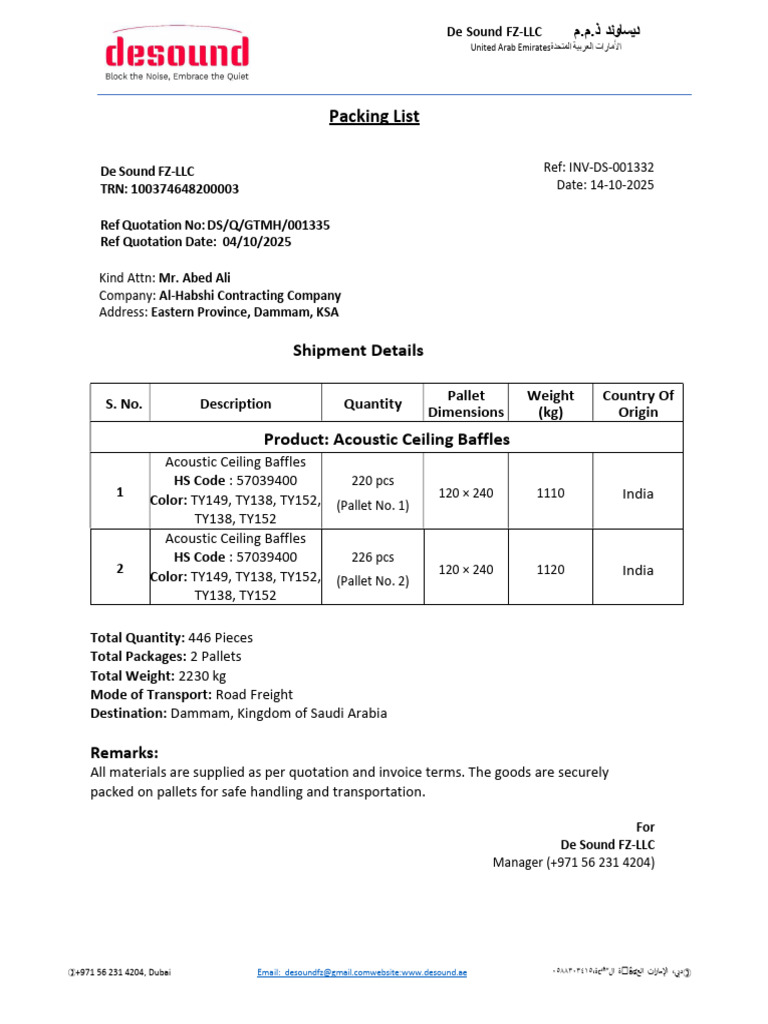 Packing List For Abed Ali Al-Habshi Contracting Company | PDF ...