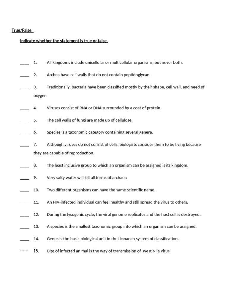 True/False and Multiple Choice Biology Quiz | PDF | Virus | Bacteria